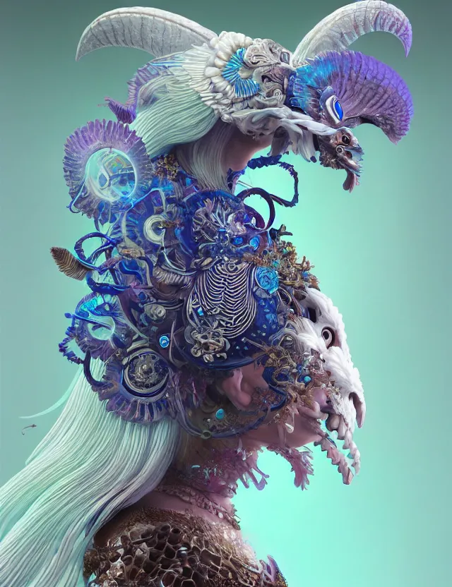 Image similar to 3 d goddess close - up profile portrait ram skull. beautiful intricately detailed japanese crow kitsune mask and clasical japanese kimono. betta fish, jellyfish phoenix, bio luminescent, plasma, ice, water, wind, creature, artwork by tooth wu and wlop and beeple and greg rutkowski