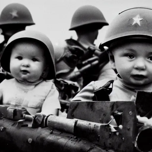 Prompt: Babies going to war, WW2 photography, very patriotic, white and black photography, 8k