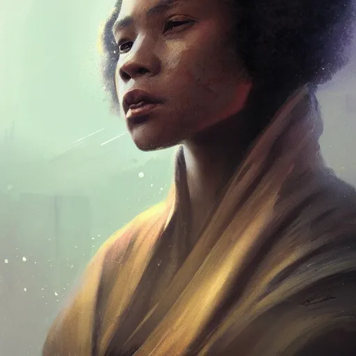 Image similar to portrait of a woman by greg rutkowski, youn jedi knight, black, afro hair, prettt, star wars expanded universe, she is about 2 0 years old, wearing jedi robes, highly detailed portrait, digital painting, artstation, concept art, smooth, sharp foccus ilustration, artstation hq