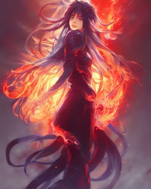 Image similar to red eyed beautiful long haired anime girl, full body photo, flames everywhere, highly detailed, digital painting, artstation, concept art, smooth, sharp focus, illustration, art by artgerm and greg rutkowski and alphonse mucha