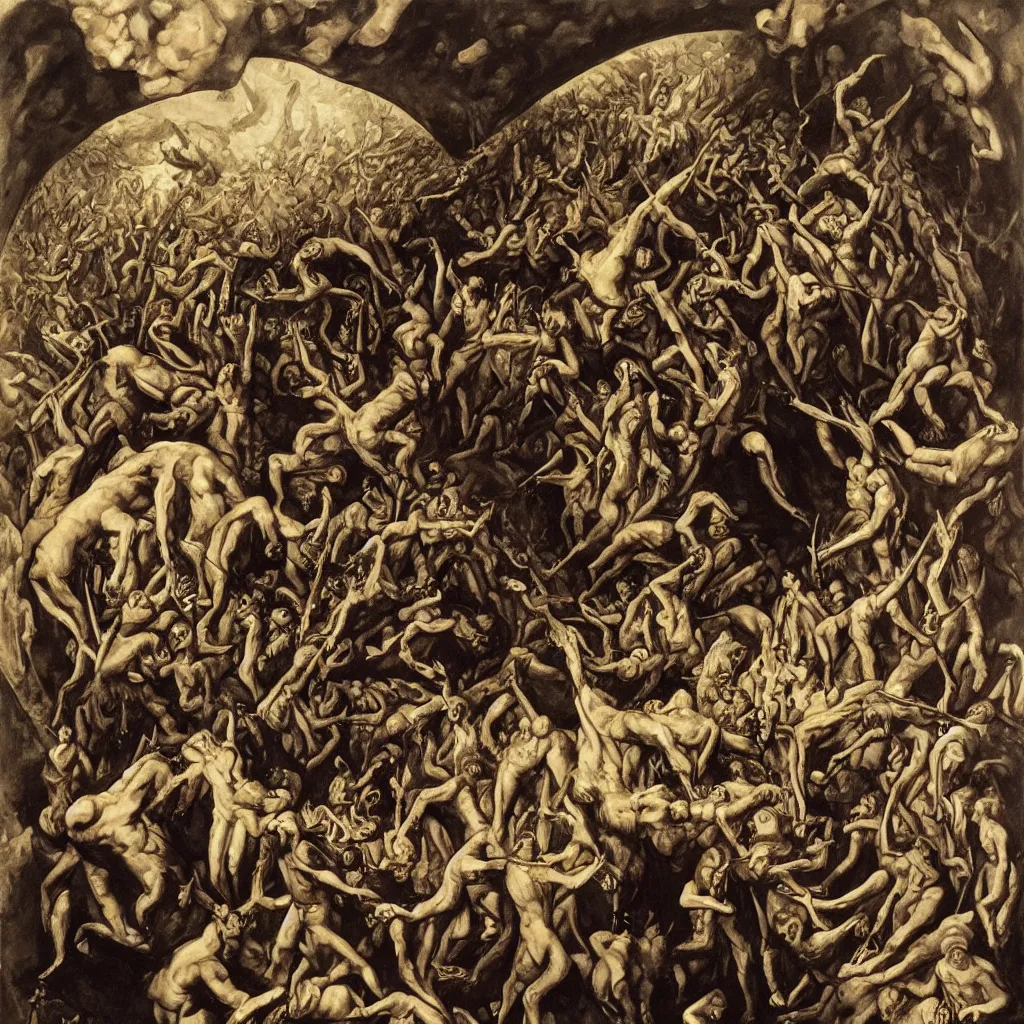 Image similar to Richard Dean Anderson as the Dictator of a socialist state surrounded by the stairway of hell. Surrealist painting by Gustave Courbet, Michiel Shrijver and M.C. Escher.
