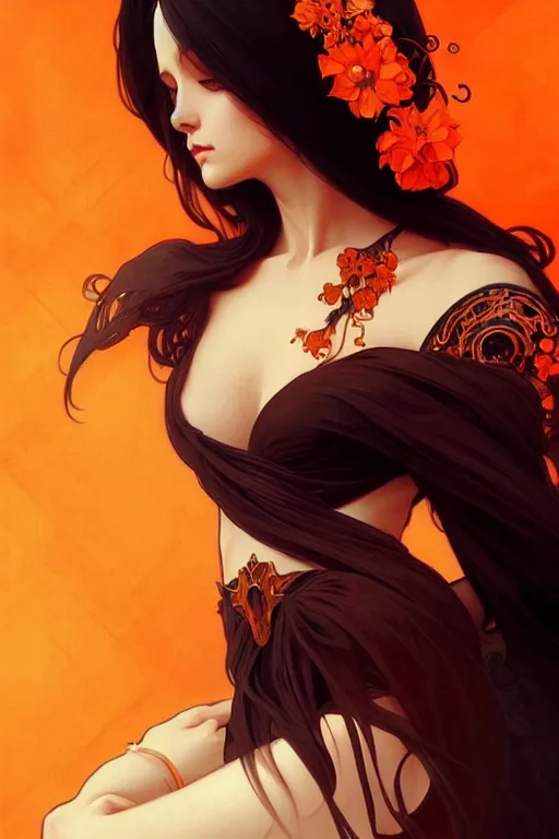 Image similar to orange black, dark fantasy, intricate, elegant, highly detailed, digital painting, artstation, concept art, matte, sharp focus, illustration, art by artgerm and alphonse mucha