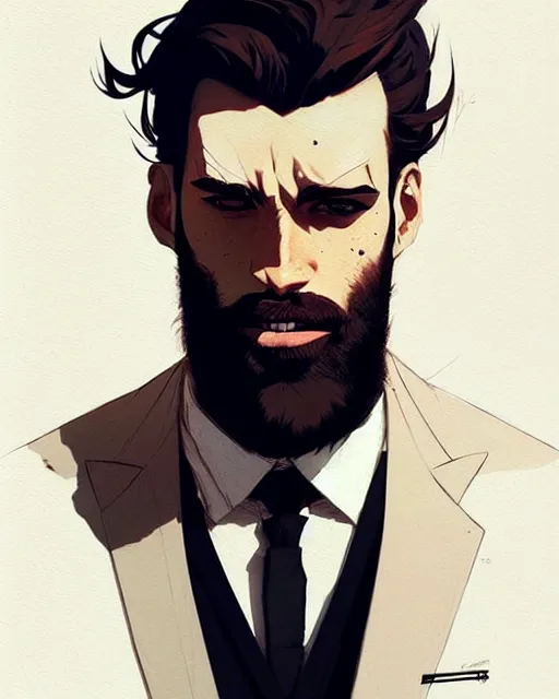 Image similar to a ultradetailed portrait painting of a stylish bearded man wearing suit outfit, by conrad roset, greg rutkowski and makoto shinkai trending on artstation