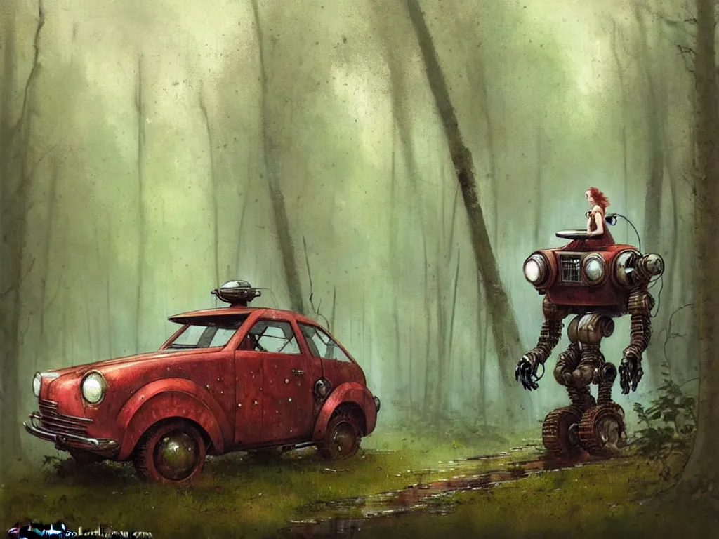 Image similar to adventurer ( ( ( ( ( 1 9 5 0 s retro future robot vehical in the forrest. muted colors. swamps ) ) ) ) ) by jean baptiste monge!!!!!!!!!!!!!!!!!!!!!!!!! chrome red