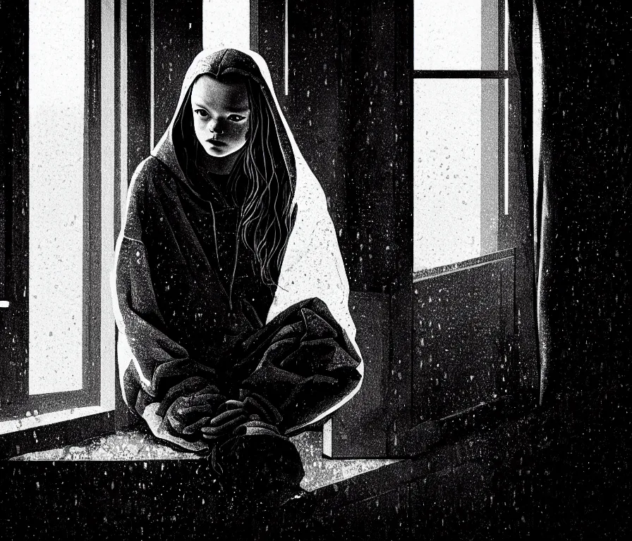 Prompt: sadie sink in hoodie sits on windowsill, knees tucked in | rain falls at night : storyboard, scifi cyberpunk, b & w. by gabriel hardman, joe alves, chris bonura. cinematic atmosphere, detailed and intricate, perfect anatomy