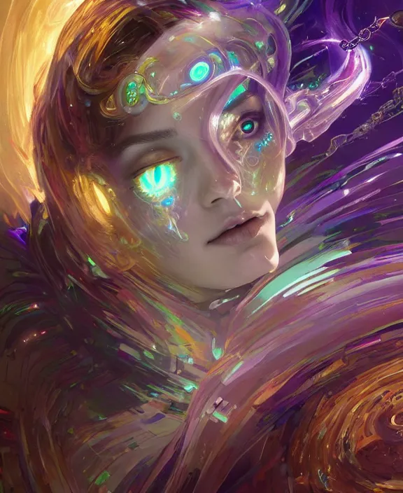 Image similar to a whirlwind of souls rushing inside the metaverse, half body, glowin eyes, tiara with sapphire, pharaoh, android, cyberpunk, d & d, fantasy, intricate, elegant, highly detailed, colorful, vivid color, digital painting, artstation, concept art, art by artgerm and greg rutkowski and alphonse mucha and ruan jia