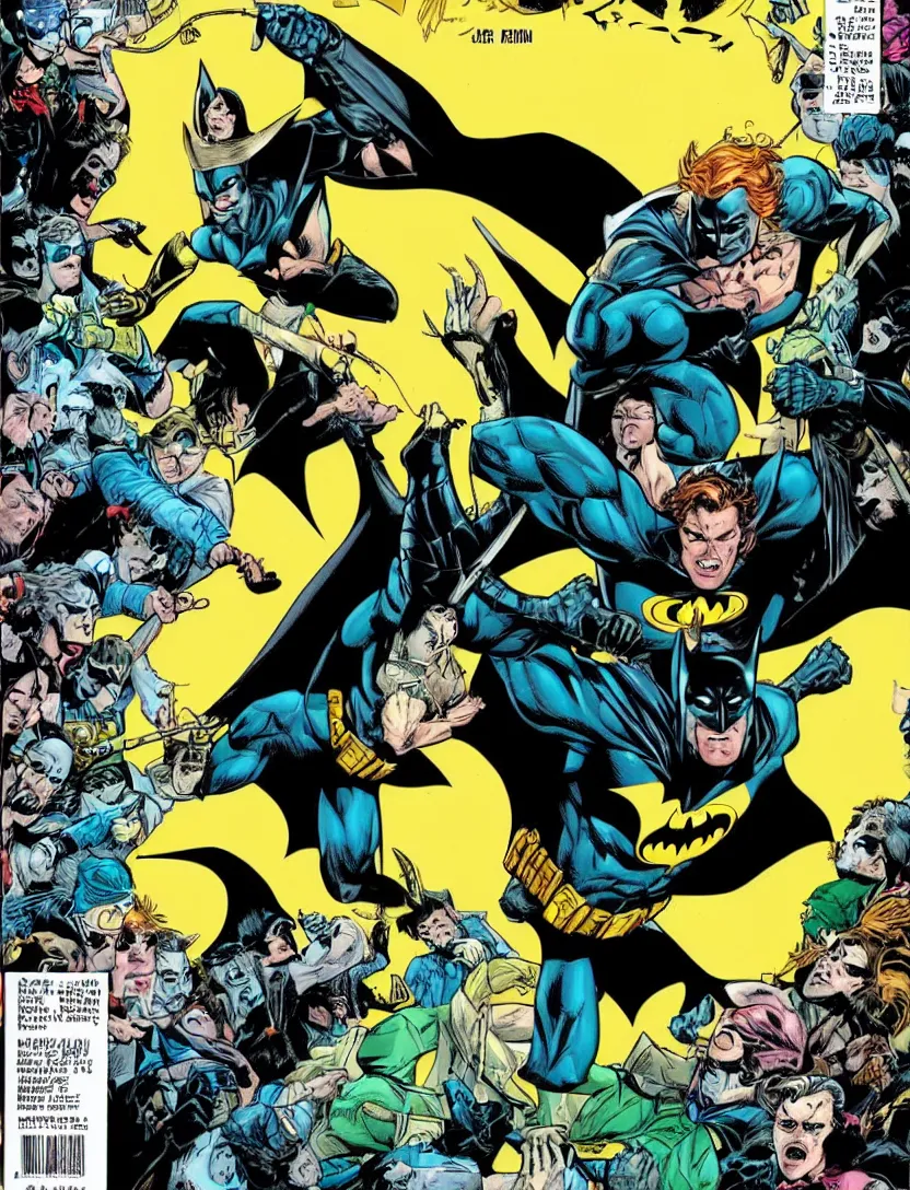 Prompt: a Batman comic cover from 1999 with Aquaman on the background