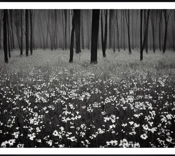 Prompt: black box on the field flowers, by Andrei Tarkovsky, mist, forest, lomography effect, photo, monochrome, photo blurring, 35mm