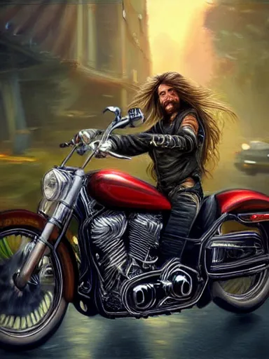 Image similar to handsome man with long hair riding a harley davidson in the wild. intricate, elegant, highly detailed, digital painting, artstation, cinematic shot, concept art, sharp focus, illustration, by justin gerard and artgerm, 8 k