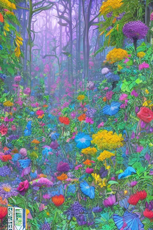 Prompt: forest with flowers blue, Digital Matte painting by Dan Mumford, M.W Kaluta, Lisa Frank vivid