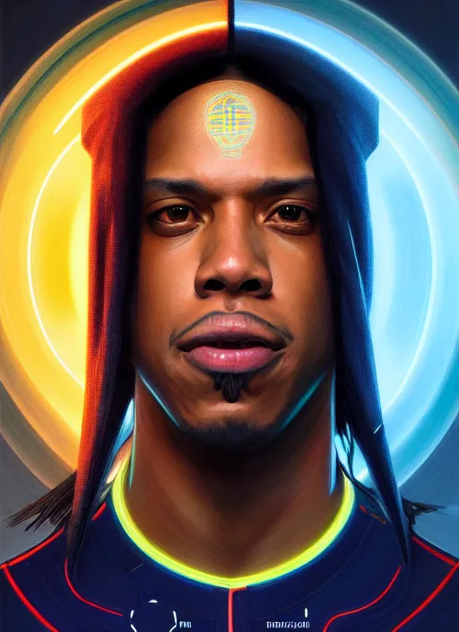 Prompt: symmetry!! portrait of ronaldinho gaucho, sci - fi, tech wear, glowing lights!! intricate, elegant, highly detailed, digital painting, artstation, concept art, smooth, sharp focus, illustration, art by artgerm and greg rutkowski and alphonse mucha