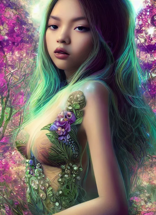 Image similar to portrait of a seductive Lalisa Manobal as a Celestial Goddess of a futuristic pearlescent holographic, captivating look, inside future fighter, sci-fi, fantasy, intricate, lush garden spaceship with sakura season flowers in Kyoto Japan, elegant, human anatomy, royal green and nature light, highly detailed, digital painting, artstation, concept art, smooth, sharp focus, illustration, art by Ryan meinerding, masterpiece, 3d blender