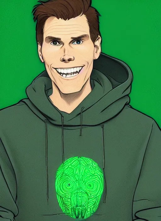 Prompt: jerma wearing a green hoodie and smiling with glowing white teeth, path traced, highly detailed, high quality, digital painting, by studio ghibli and alphonse mucha, leesha hannigan, makoto shinkai, disney