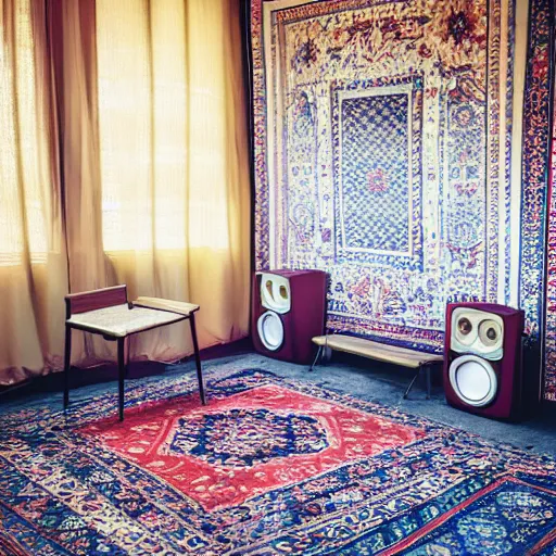 Image similar to a room with a chair, a table, few speakers and a persian carpet on the floor, unsplash, postminimalism, aesthetic