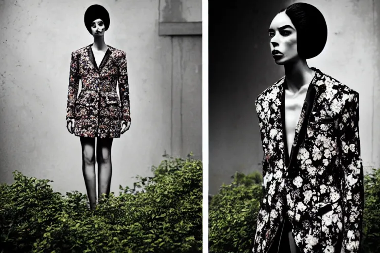 Prompt: fashion editorial photography in a world with brutalist architecture overgrown with flowers