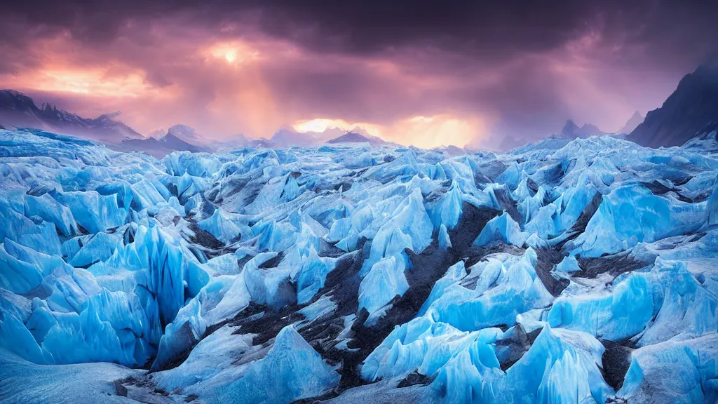 Image similar to amazing landscape photo of a glacier by marc adamus, beautiful dramatic lighting