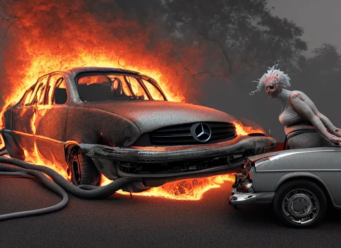 Prompt: a big woman intertwined axolotl in burning wrecked mercedes 1 2 4, ultrafine hyperdetailed illustration by kim jung gi, masterpiece. rendered in blender, smooth shadows, ultra detail, high resolution, unreal 6, 8 k