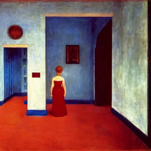 Image similar to a girl in a blue and red haunted liminal abandoned room, film still by edward hopper, by Pontormo, by klimt, art noveau, highly detailed, strong lights, liminal, eerie, Bright pastel colors