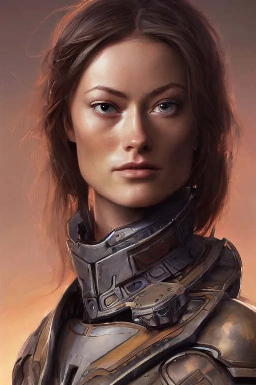 Image similar to a professional painting of a young Olivia Wilde, clothes in military armor, olive skin, long dark hair, beautiful bone structure, symmetrical facial features, intricate, elegant, digital painting, concept art, smooth, sharp focus, illustration, from StarCraft by Ruan Jia and Mandy Jurgens and Artgerm and William-Adolphe Bouguerea