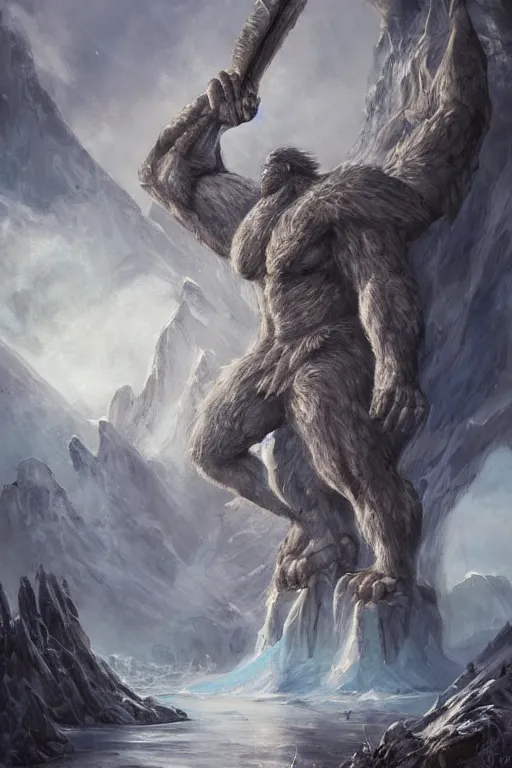 Image similar to north mythology concept art painting of ice gigant ymir the ancestor of all giants by james gurney, trending on artstation, detailed