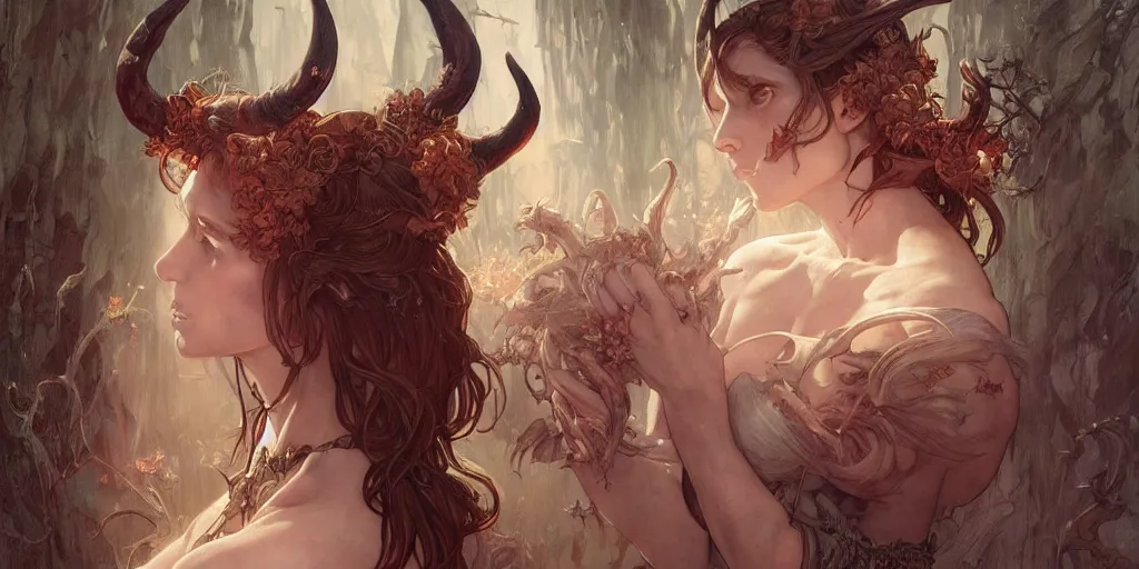 Prompt: posessed, sould demons a beautiful illustration of a witch with horns in head, young cindy crowford, redhead, intricate, sharp focus, illustration, highly detailed, digital painting, concept art, matte, art by wlop and artgerm and greg rutkowski and alphonse mucha, masterpiece