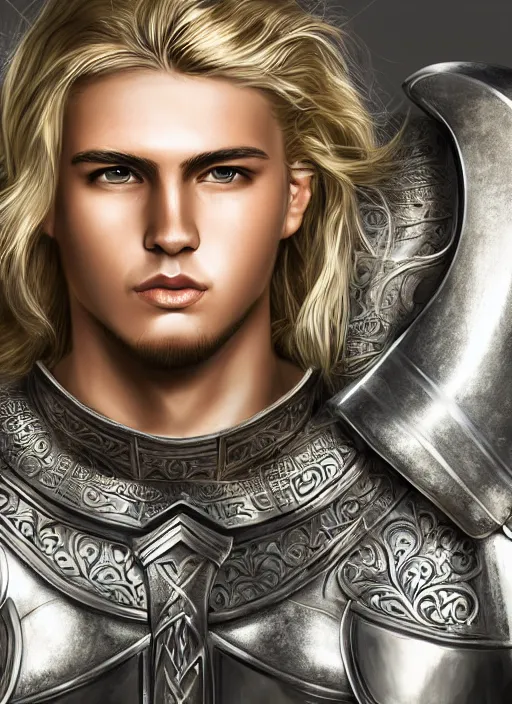 Image similar to handsome young knight with a beautiful face and clear skin, long blond hair, wearing an intricate and detailed plate armor, no helmet, high resolution, clear image, digital art, studio photo, 4 k, clear lines