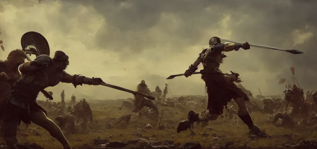 Image similar to Throwing a javelin into the back of a friend, spartan, wide shot, small scale, intimate moment, octane render, 8k, by Greg Rutkowski Ilya Repin Greg Duran