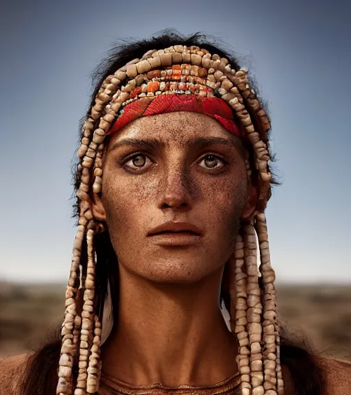 Prompt: portrait of a stunningly beautiful israeli tribal female, depth of field, zeiss lens, detailed, symmetrical, centered, fashion photoshoot, by Annie Leibovitz and Steve McCurry, David Lazar, Jimmy Nelsson, Breathtaking, 8k resolution, extremely detailed, beautiful, establishing shot, artistic, hyperrealistic, beautiful face, octane render