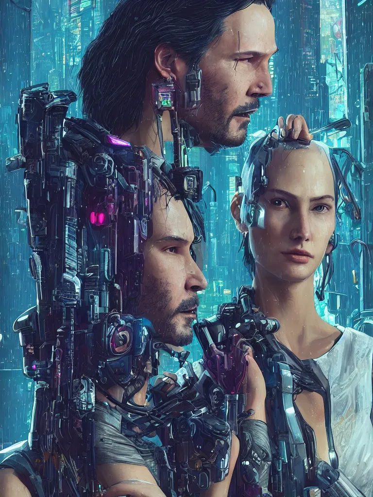 Image similar to a cyberpunk 2077 wedding couple portrait of Keanu Reeves and V in love story,pray,hug,hold,kiss,film lighting,by Lawrence Alma-Tadema,Andrei Riabovitchev,Laurie Greasley,Dan Mumford, John Wick,Speed,Replicas,artstation,deviantart,FAN ART,full of color,Digital painting,face enhance,highly detailed,8K,octane,golden ratio,cinematic lighting