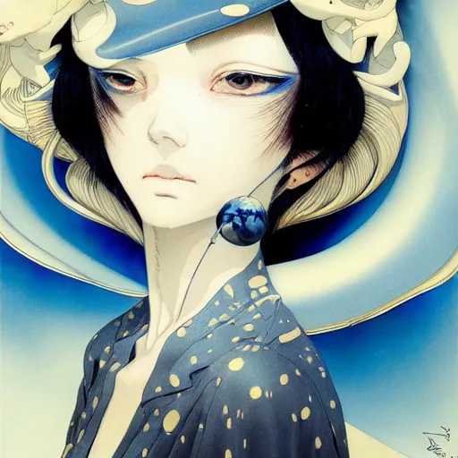 Image similar to prompt : ivory and blue and black portrait soft light painted by james jean and katsuhiro otomo and erik jones, inspired by evangeleon anime, smooth face feature, intricate oil painting, high detail illustration, sharp high detail, manga and anime 1 9 9 9