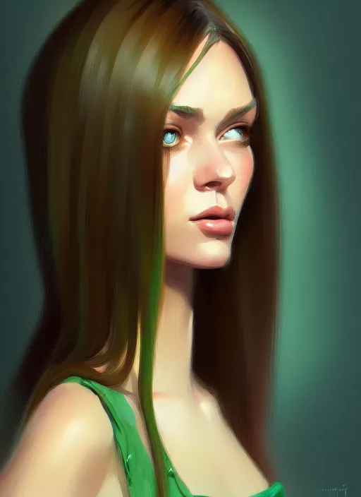 Image similar to portrait of a gorgeous young woman in the style of stefan kostic, green eyes, long brown hair, artstation, concept art