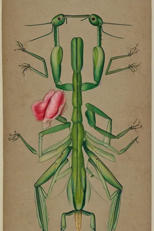 Image similar to praying mantis, by maria sibylla merian