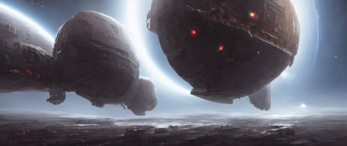 Image similar to concept art, a lonely scouting spaceship, traveling to new worlds, deep space exploration, the expanse tv series, industrial design, the hull protected by armor and turrets, spatial phenomena in the background, atmospheric, cinematic lighting, 4k, greebles, widescreen, wide angle, beksinski, sharp and blocky shapes