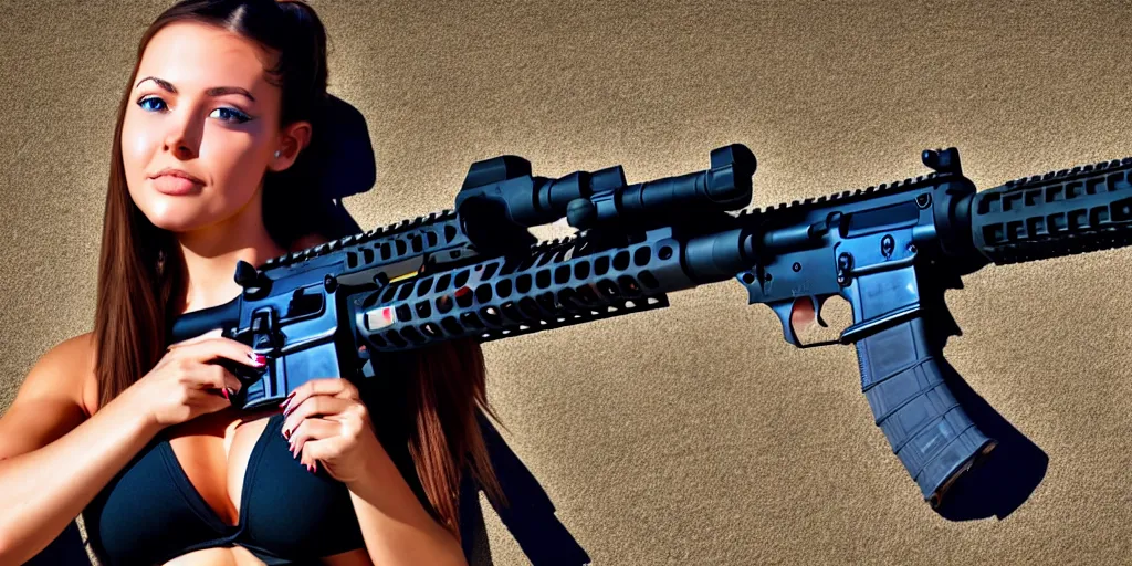 Image similar to hyperrealistic photo of a hot girl holding an ar - 1 5, 8 k