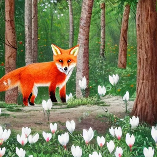 Image similar to cute small red fox in the middle of a white magnolia forest, wide shot, fantasy, oil on canvas