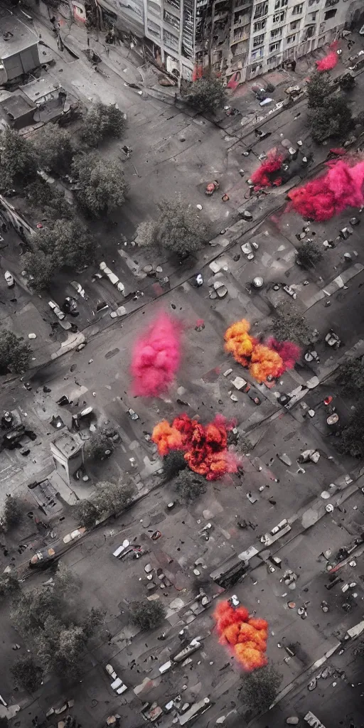 Image similar to post - apocalyptic kreuzberg streets covered in colorful smoke, burned cars, explosions, hyperrealistic, gritty, damaged, drone photography, photorealistic, high details