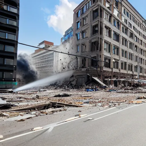 Prompt: wide panoramic view of a street being shattered by a horizontal shockwave tearing through the middle of each building