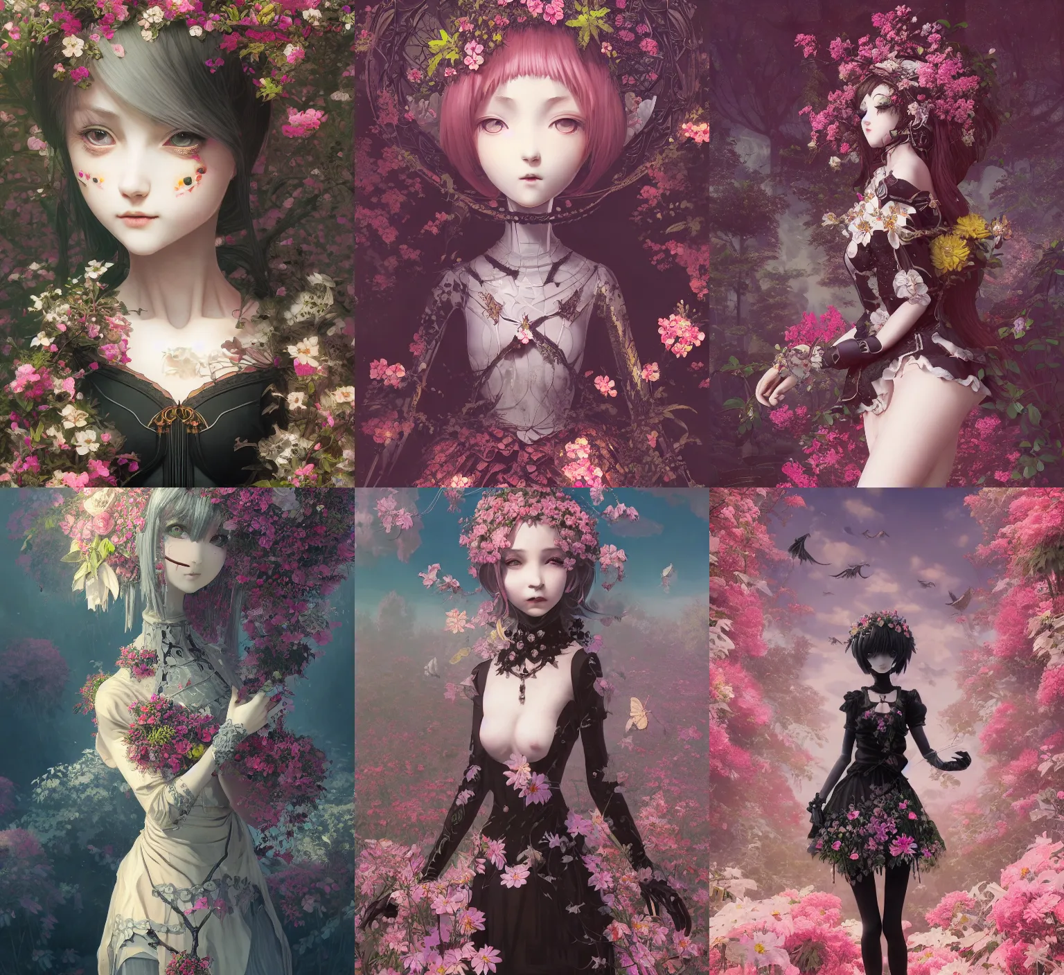 Prompt: detailed, sharp, dreaming humanoid female automata wearing gothic ornament surrounded by flowers floating in above a dystopia by Ilya Kuvshinov, digital art, surreal, trending on artstation, anime arts, featured on Pixiv, HD, 8K, highly detailed, good lighting, beautiful, epic, masterpiece