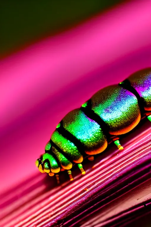 Image similar to high quality macro photo iridescent cyborg caterpillar! cute highly detailed david ligare elson peter cinematic pink lighting high quality low angle hd 8k sharp shallow depth of field