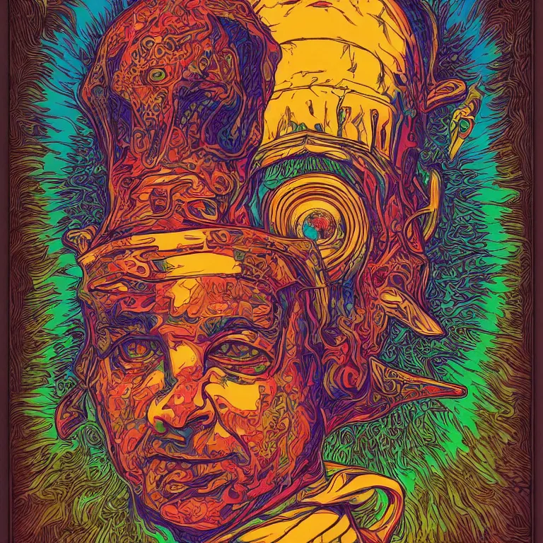 Image similar to beautiful colorful hyperrealist highly detailed psychedelic music poster'the floating head of patton oswalt ', psychedelic art nouveau, beautiful high contrast colored wood engraving, moebius comic style, shocking detail trending on artstation 8 k