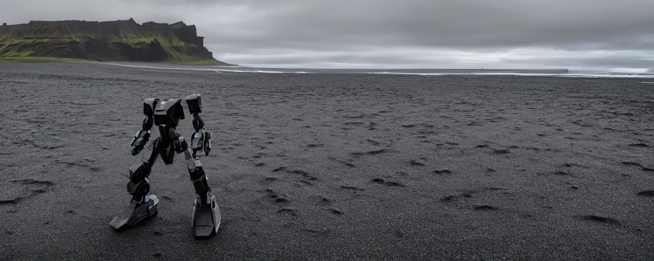 Image similar to low angle cinematic shot of lone futuristic mech in the middle of an endless black sand beach in iceland, icebergs, 2 8 mm