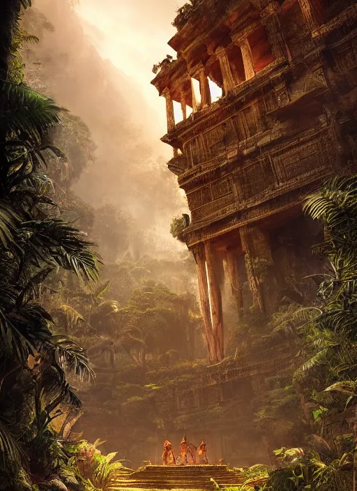 Image similar to ancient temple of doom in the exotic jungle , Dynamic lighting, cinematic, establishing shot, extremely high detail, photo realistic, cinematic lighting, , post processed denoised, concept design, concept art, artstation, matte painting, midjourney, style by alex ross, raphael lacoste, eddie mendoza