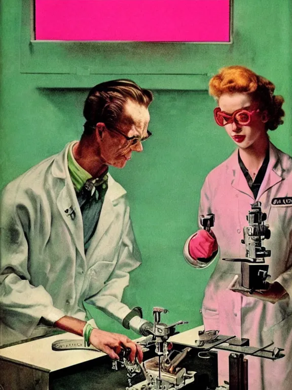 Prompt: a female mad scientist in a lab coat building a robot!!! man!!!, in a darkly lit laboratory room, 1 9 5 0 s horror film movie poster style, ( norman rockwell oil painting ), retro vintage, saturated pink and green lighting, shadowy lighting