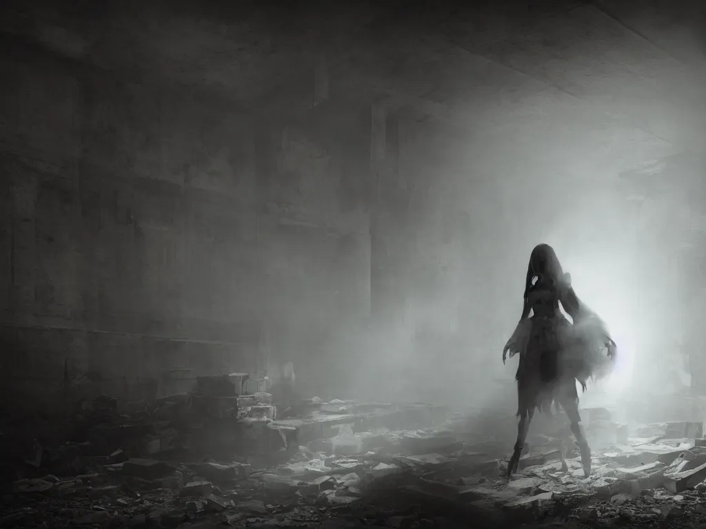 Image similar to cute fumo plush girl ghost in a mysterious concrete wartorn brutalist ruin, ominous bright red spotlight lens flare glow, chibi gothic wraith maiden of the afterlife, dramatic three point lighting, glowing wisps of hazy smoke and volumetric fog swirling about, production volume rendering, vray