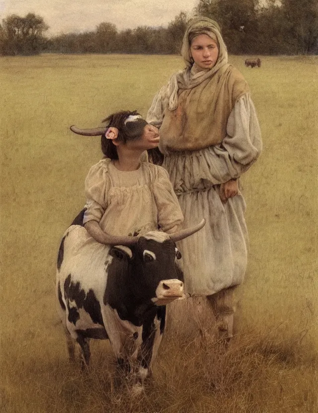 Image similar to portrait of peasant girl and cow on a farm, polaroid photo bleached vintage pastel colors high - key lighting, soft lights, foggy, by steve hanks, by lisa yuskavage, by serov valentin, by tarkovsky, 8 k render, detailed, oil on canvas