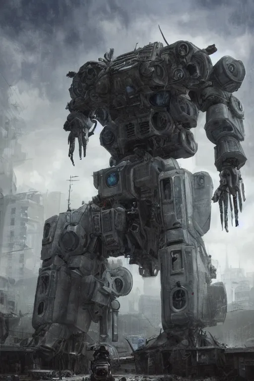 Image similar to ultra realist and ultra intricate detailed soft painting of a large mech, standing in a post-apocalyptic street, sensual gloomy style, volumetric clouds, artstation, unreal render, depth of field