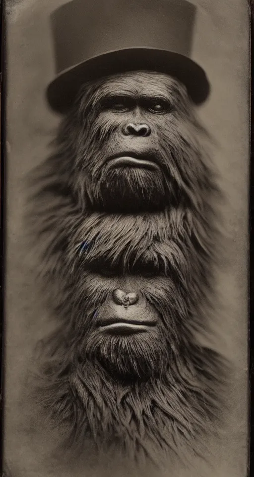 Image similar to a vintage wet plate portrait of a dignified bigfoot with a top hat and cane, extremely detailed