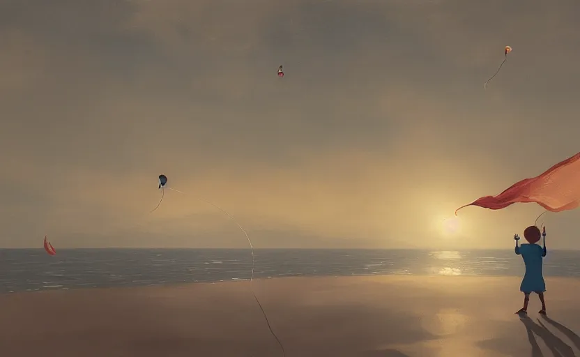 Image similar to child flying a kite at the beach by atey ghailan and garmash, michael, cinematic, volumetric lighting