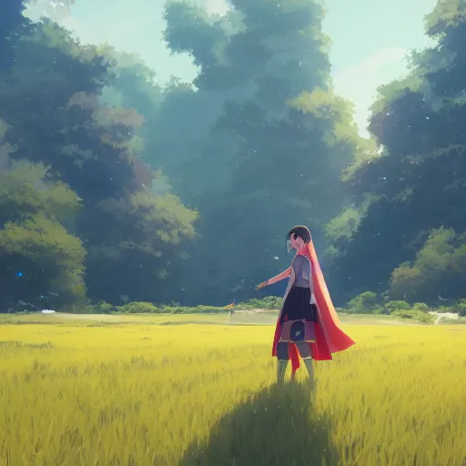 Image similar to a robot in a field. cgsociety masterpiece, artstation trending, by rossdraws, ghibli, kimi no na wa, greg rutkowski, simon stalberg, greg manchess