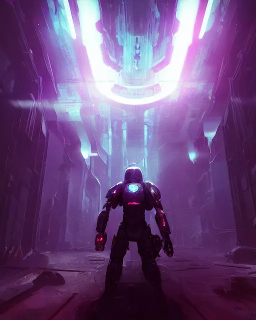 Image similar to Sci-Fi Lightning Elemental, diffuse, blurry, art by Kashin, Wadim, Martinière, Stephan, Anton Fadeev, holding rifle, pitch black cursed evil Spaceship hallway, dark light, soft purple glow, heroic pose, sci-fi artwork, octane render, dead space artwork, cyberpunk, vivid colors, occult, magical, volumetric lighting, 8k high definition, highly detailed, trending on art Station, centered, by Greg Rutkovski, sci-fi artwork, arnold render